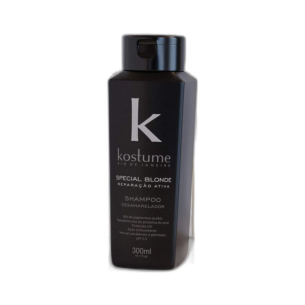 Frasco preto do Shampoo Kostume Special Blonde Desamarelador 300ml com rótulo da marca e linha Special Blonde
